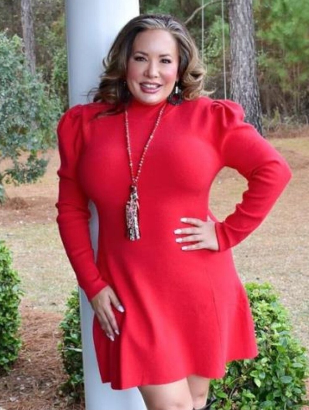 Women's Red Long-Sleeve Swing Dress